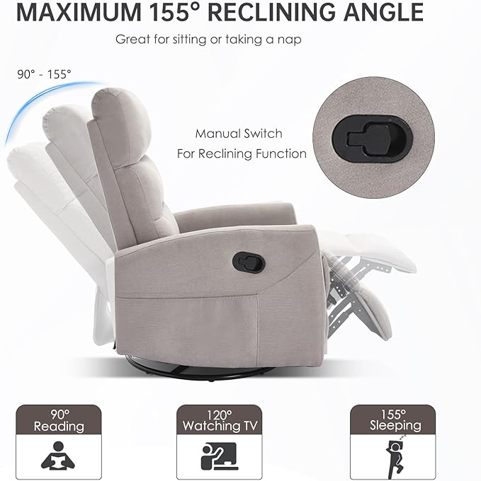 360° Swivel Recliner Chairs for Small Spaces, A Recliner with Side Pockets, Small Rocker Recliner for Living Room, Bedroom, Light Gray Recliner Chair for Adults