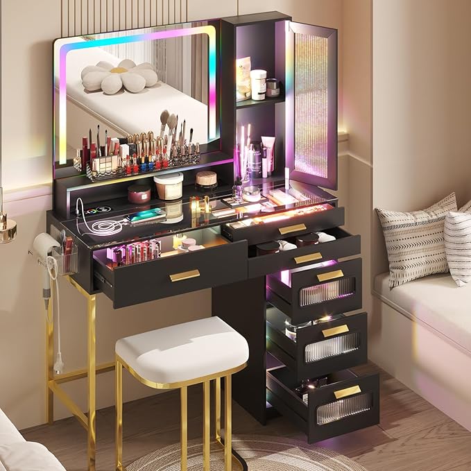 RGB Vanity Desk with Mirror and Lights, Glass Top Makeup Vanity with 6 Drawers & Wireless Charging,Vanity Table Set with RGB Cabinet Light and Jewelry Box, for Girls Bedroom,Black
