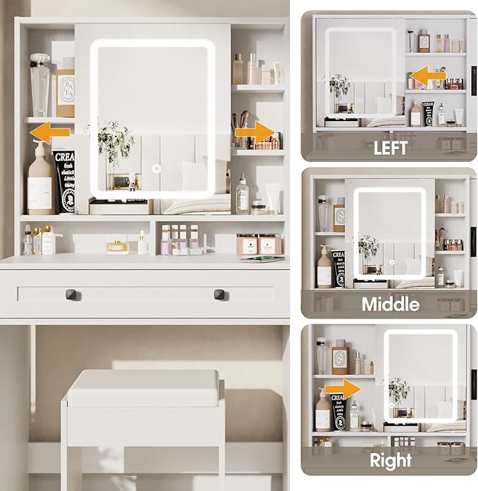 Fameill Vanity Desk with Mirror and Lights, Makeup Vanity Desk with Power Outlet, 2 Drawers & Storage, Vanity Table with Chair & Jewelry Cabinet, for Bedroom (White)