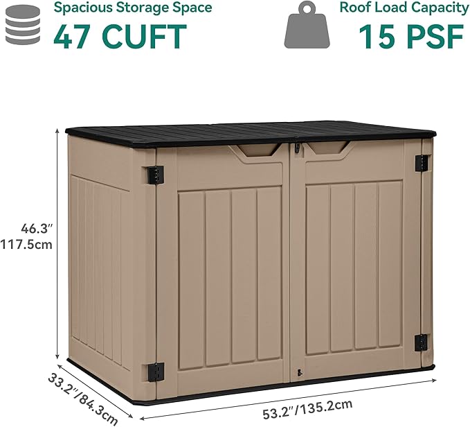 YITAHOME Large Outdoor Horizontal Storage Shed, 47 cu ft Resin Tool Shed w/o Shelf, Outdoor Waterproof Storage with Floor for Trash Cans, Garden Tools, Lawn Mower, Lockable, 4.5x2.8x3.9 ft, Brown