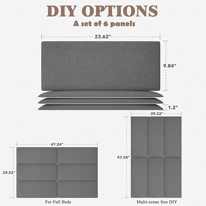Upholstered Headboard for Full Twin Size Bed, Wall Mounted & Peel and Stick Headboard, Soundproof DIY Wall Panels, Fabric Tufted Head board in Modern Design for Bedroom (6 Panels, Each 23.62"x9.84"）