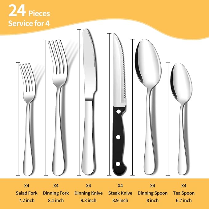 ENLOY 24 Pieces Silverware Set with Steak Knives, Stainless Steel Flatware Cutlery, Include Knife Fork Spoon, Mirror Polished, Dishwasher Safe, Service for 4