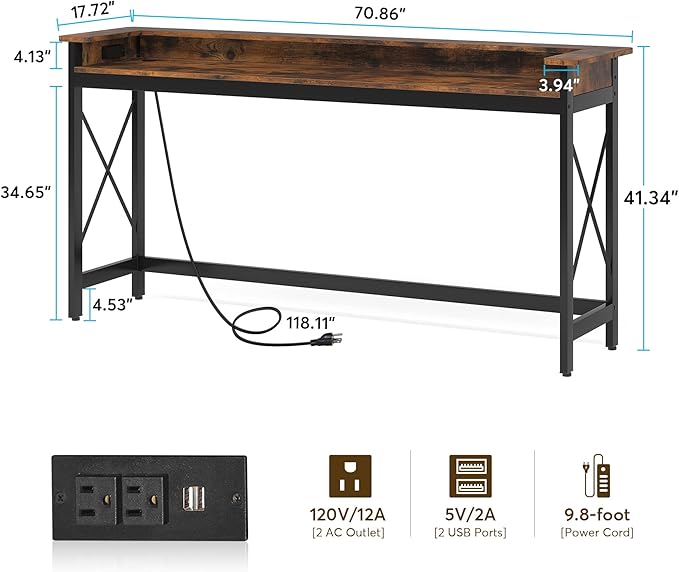 LITTLE TREE 70.9 inch Long Sofa Console Table with Outlets Charging Station Narrow Entryway Hallway Accent Furniture