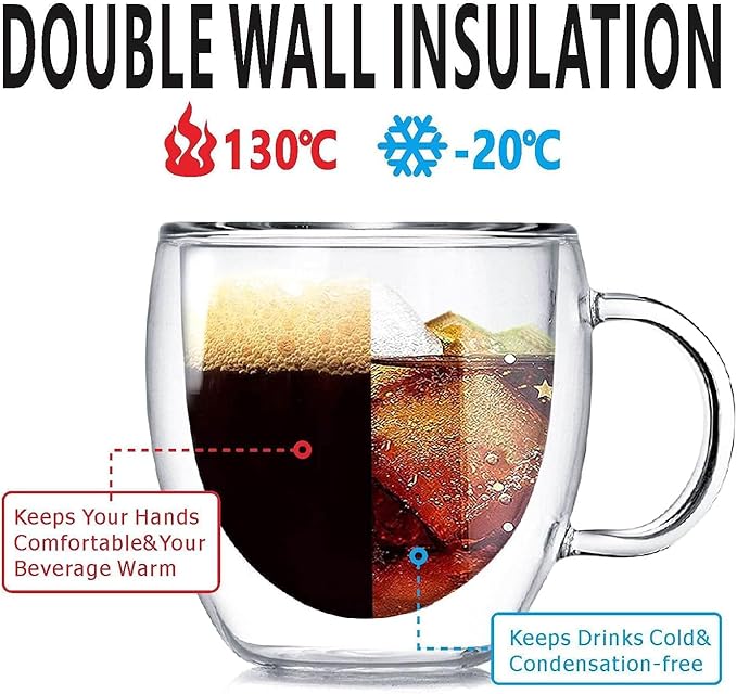 Espresso Cups Set Of 2 12 Oz, Double Walled Glass Coffee Mugs with Handle,Insulated Layer Coffee Cups,Clear Borosilicate Glass Mugs,Perfect for Cappuccino,Tea,Latte,Espresso,Hot Beverage,Wine