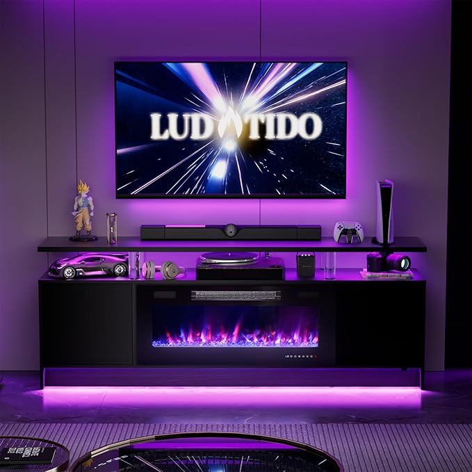 Ludatido 70 Inch TV Stand with 36 inch Electric Fireplace 27 Inch high LED Light Entertainment Center Easy to Assemble for TVs Up to 80'' with USB&AC Power Interface Black with Acrylic Support