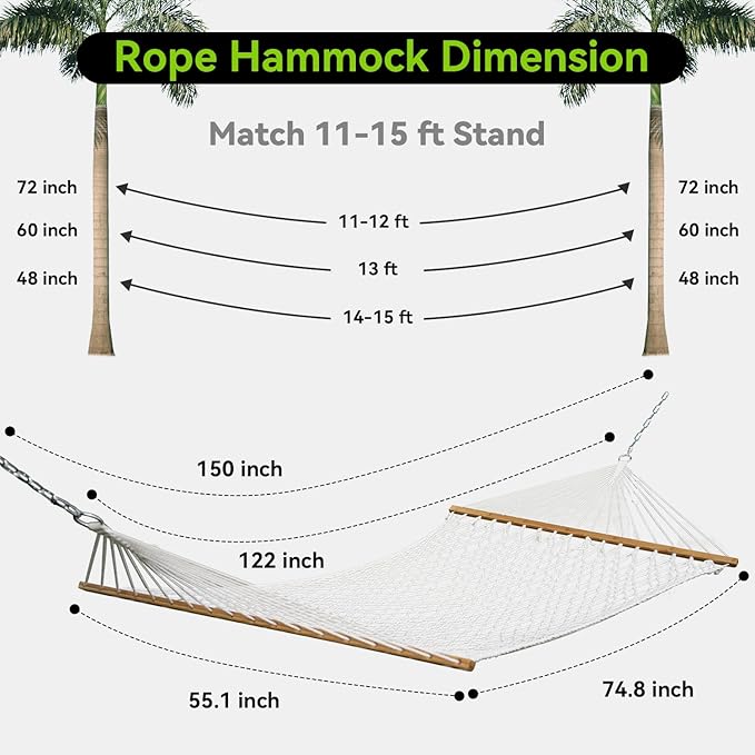 Double Hammock for 2 Person, Handwoven Cotton Rope Hammock with Spreader Bar Without Stand - Indoor & Outdoor Use for Patio, Poolside, Backyard (White)