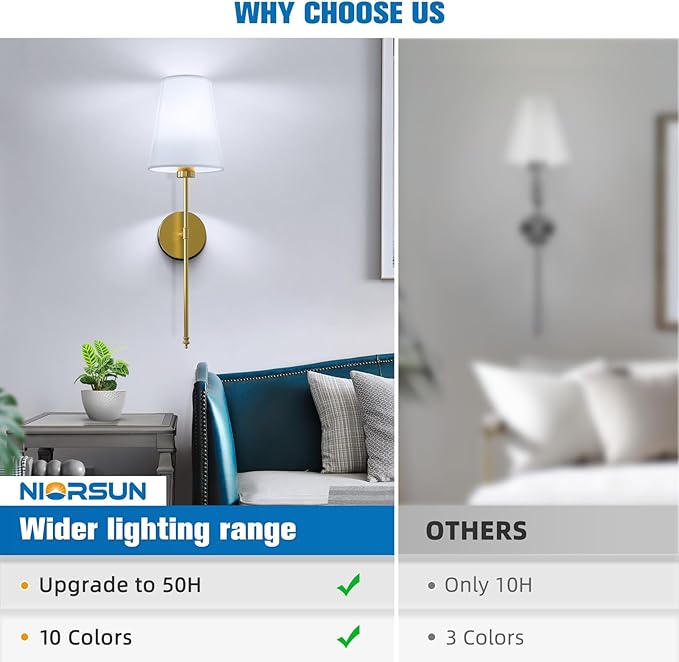 NIORSUN 25.4 inch Battery Operated Wall Sconce Set of 2,Gold Rechargeable Wall Lights with 5200mAh Dimmable Detachable Bulbs and Remote,9 Colors Wireless Sconces for Bedroom Living Room Hallway