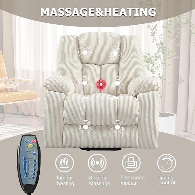 CANMOV Power Lift Recliner Chair with Massage and Heat for Elderly, Overstuffed Wide Recliners, Heavy Duty and Safety Motion Reclining Mechanism with USB Ports, 2 Concealed Cup Holders, Beige