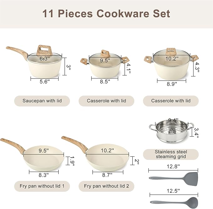 FAB&DELUXE Nonstick Cookware Set,11 Pcs Nonstick Pots and Pans, Aluminum Cooking Set with Lids & Wooden Handles, Non-Toxic Healthy Kitchen Cookware Sets, Silicone spoons & Spatulas, PFAS & PFOA Free