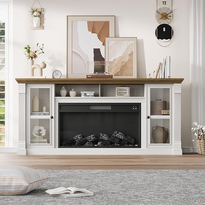 Farmhouse Fireplace TV Stand Up to 80" TVs, 70" Modern Highboy Entertainment Center with 36" Electric Fireplace & LED Lights, Media Console with Adjustable Shelves for Living Room, Antique White