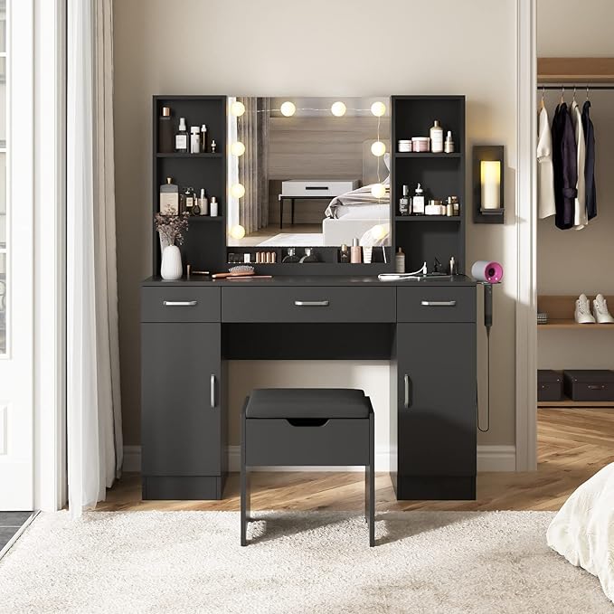 Vabches Makeup Vanity Table with Lighted Mirror & Power Strip, Large Vanity Set Vanity Desk with Lots Storage, 3 Lighting Modes, Brightness Adjustable, 45.2in(Large, Black)