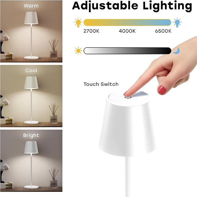 2 Pack Cordless Table Lamp,Portable LED Desk Lamp, 5200mAh Battery Operated, 3 Color Stepless Dimming Up, for Restaurant, Bedroom, Bars, Outdoor Party, Camping, Coffee Shop Night Light White