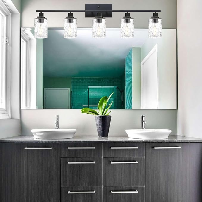 MELUCEE 5-Light Bathroom Lighting Fixtures Over Mirror, Contemporary Black Vanity Light Industrial Wall Lamp with Clear Hammered Glass Shade (Patent No.: US D963914 S)