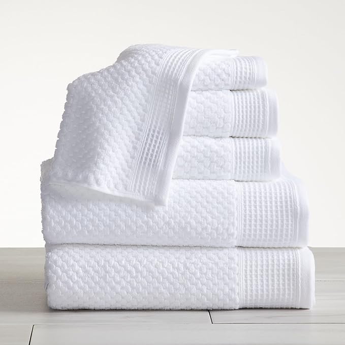 Market & Place 100% Cotton Waffle Textured 6 Piece Set | Super Soft Quick Dry Bath Towels | Decorative for Bathroom | 2 Bath, 2 Hand, 2 Washcloths | Belle Collection (White)