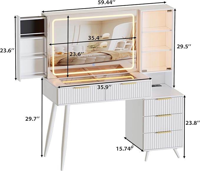 Makeup Vanity Desk with Mirror and Lights & Charging Station,Modern Glass Top Big Vanity Table with 5 Drawers,Sliding Storage Wall-Mounted Jewelry,3 Shelves for Bedroom,White