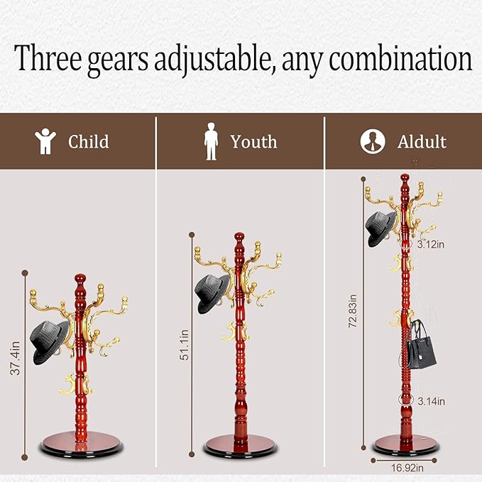 73”Vintage Wooden Coat Rack Freestanding，With 14 Hooks and Sturdy Round Base.Sturdy and Durable Standing Coat Racks，Adjustable Wooden Freestanding Coat Rack for Offices, Porch (Begonia color)
