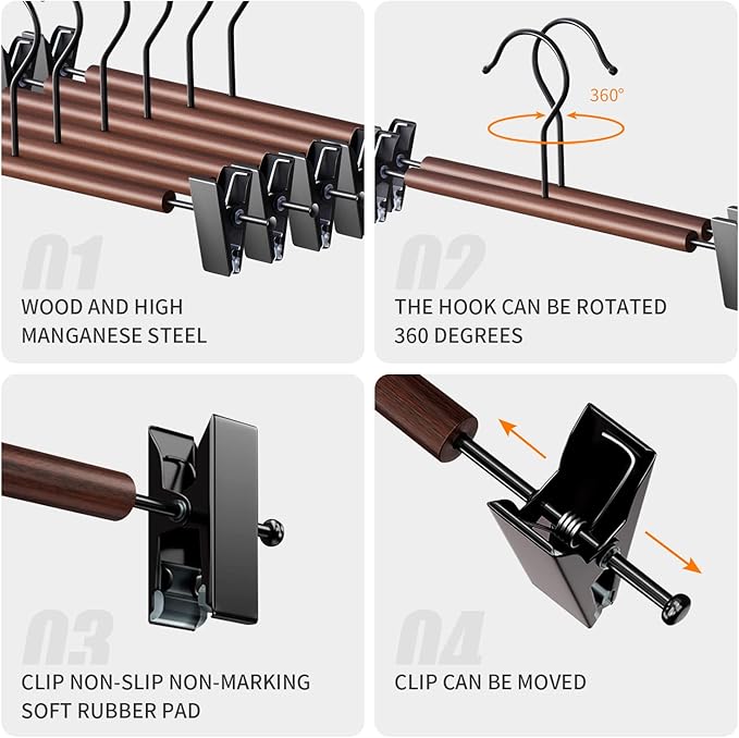 Wooden Pants Hangers with Clips 20 Pack Adjustable Wood Skirt Hangers for Women Space Saving Clothes Hanger Jeans Trousers Hanger for Closet Non Slip,Brown