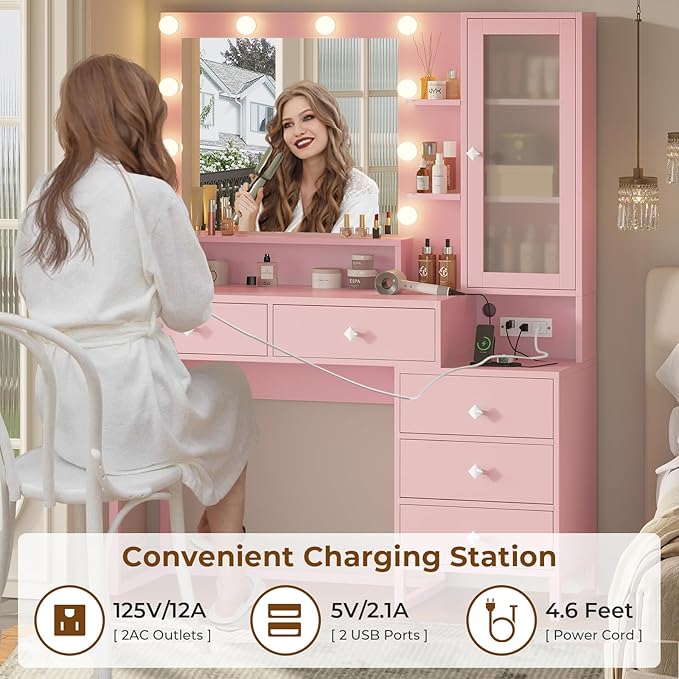 Tiptiper Makeup Vanity Desk with Mirror and Lights & Charging Station, White Vanity Table with 5 Storage Drawer & Glass Door & 3 Shelves for Bedroom,Pink