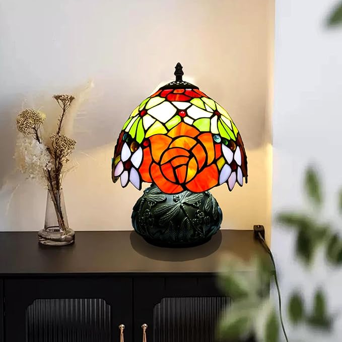 Small Tiffany Stained Glass Lamp, 3 Color Temperatures Bedside Lamp, 8 Inch Mushroom Desk Light for Bedroom Living Room Office Home Decor (Two-Color Rose)