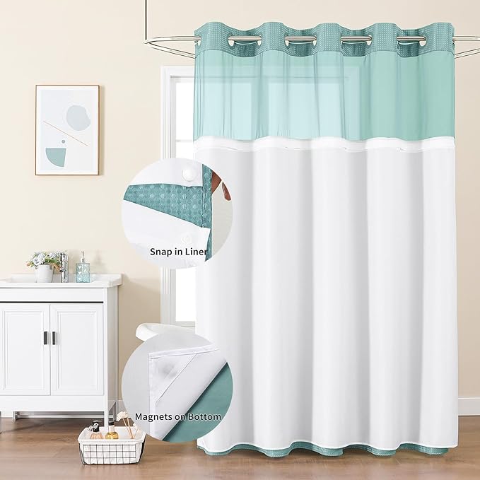 Colorful Star No Hook Shower Curtain with Snap in Fabric Liner, Waffle Weave Heavy Duty Thick Shower Curtains with Mesh Top Window, Hotel Style Waterproof Bathroom Curtain Set, 72 x 75 Inch, Teal