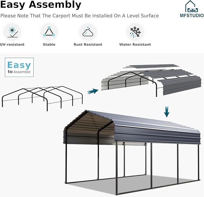 MFSTUDIO Carport 10x15 ft, Outdoor Heavy Duty Carports with Sidewalls, Metal Shed Canopy Shelters Garage Shelter Shade Car Ports with Galvanized Roof for Cars, Truck and Boats