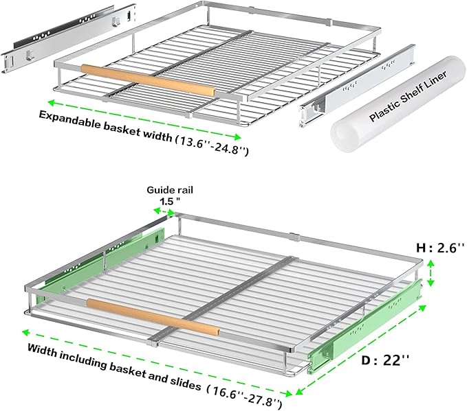 Expandable Sliding Basket, Pull-Out Cabinet Organizer, Heavy Duty Slide Out Pantry Shelves Sliding Drawer Storage for Kitchen, Under Sink, Wardrobe, 2 Pack Chrome 16.6''-27.8''W x 22''D