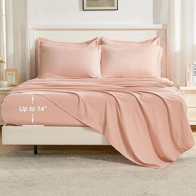 Andency Pink King Size Comforter Set with Sheets - 7 Pieces Boho Tassel Bed in a Bag Soft Lightweight Bedding Sets, Pink Fringe Bed Set with Comforter, Sheets, Pillowcases & Shams