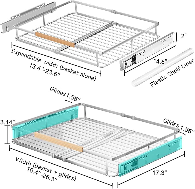 1Pack Expandable Pull Out Cabinet Organizer, Slide Out Drawers for Kitchen Cabinets, Heavy Duty Drawer Slides for Home Kitchen Pantry Cupboard Pots Pans, Adjustable Width 16.2"~26.2" W x 17.3''D
