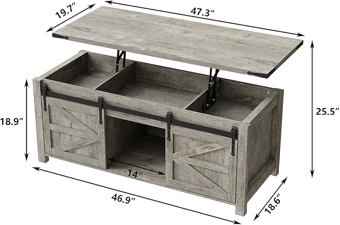 Lift Top Coffee Table, 47.3'' Farmhouse Coffee Table with Large Hidden Storage Compartment & Sliding Barn Doors, Wood Modern Rectangle Table for Home, Office, Rustic Grey