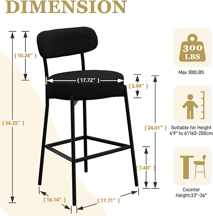 DYHOME Black Bar Stools Set of 3, 24 Inch Modern Counter Height Bar Stools with Curved Back Metal Legs, Upholstered Boucle Barstools for Kitchen Island, Cafe
