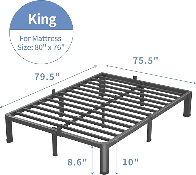 10 Inch King Size Bed Frame, 3500Lbs Heavy Duty Metal Platform with Round Corner Legs Mattress Slide Stopper, Steel Slat Support No Box Spring Needed, Noise Free, Non-Slip, Easy Assembly