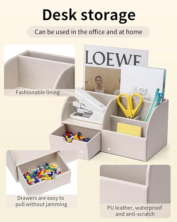 Vlando Office Supplies Desk Organizer Caddy, PU Leather Office Organization and Storage,Desktop Hanging File Letter Document Storage Holder with Drawer Beige
