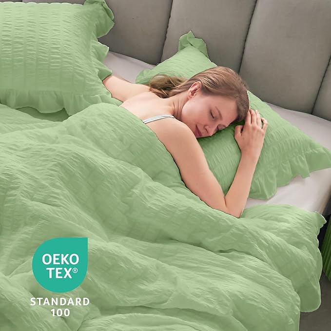 JOLLYVOGUE Sage Green Queen Comforter Set, 3 Pieces Seersucker Comforters Queen Size, Lightweight & Fluffy Bedding Sets Queen for All Season with 1 Ruffle Comforter and 2 Ruffle Pillowshams