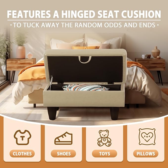 Ottoman Rectangular Storage Ottoman Bench, Faux Leather Footrest, Coffee Table, Stool Footstool with Hinged Lid for Living Room, Bedroom, Entryway, White, 28.5"x19"x17.5"