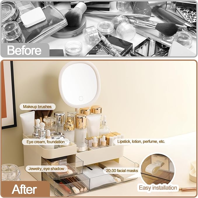 DASITON Makeup Organizer with Rechargeable Mirror and 3 Drawers,Skincare and Cosmetics Organizer Countertop,Makeup Brush Holder,Large Cosmetic Display Case for Vanity,Desk,Bathroom,Bedroom(Cream)