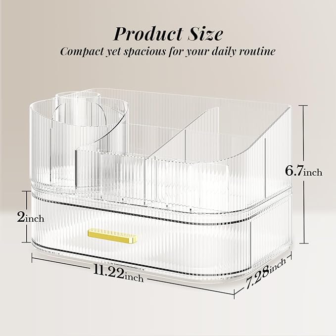 Delamu Makeup Organizer for Vanity with Stackable Drawers, 360 Rotating Makeup Brush Holder Large Cosmetic Display Case for Dresser, Bathroom Countertop Skincare Organizers and Storage, Crystal Clear