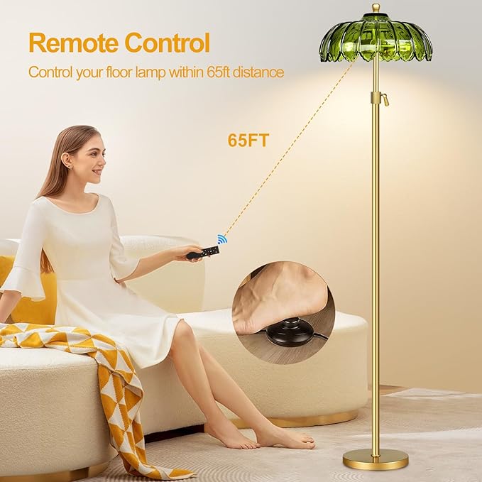 Gold Floor Lamps for Living Room Vintage Floor Lamp with Remote Control & Glass Lampshape,Mid Century Modern Standing Lamp with 3 Color Temperature Brass Flower Tall Floor Lamp for Bedroom Corner