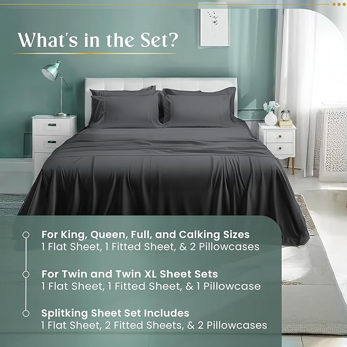 100% Cotton Sheets Split King Size Sheets Set with Fitted Sheet & Pillowcase Sets, 800 TC Sateen Weave 4 PC Deep Pocket Split King Sheet Set, Soft & Comfy Naturally Cool Luxury Bedding – Charcoal