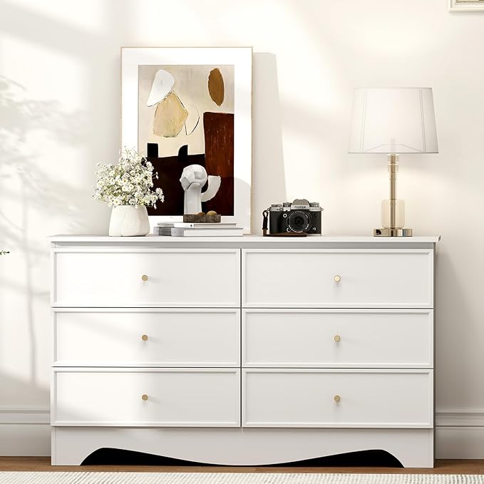 Bonzy Home White 6 Drawers Dresser, Modern Wide Chest of Drawers Dresser with Golden Handles, Wood Storage Organizer for Bedroom, Living Room, Hallway