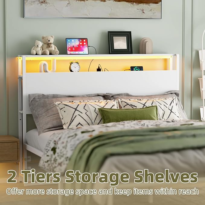 Full Sized Headboard with 2 Tiers Storage Shelves, Sturdy and Stable Headboard with Charging Station, USB Ports and LED Light for Full Bed Frame, White