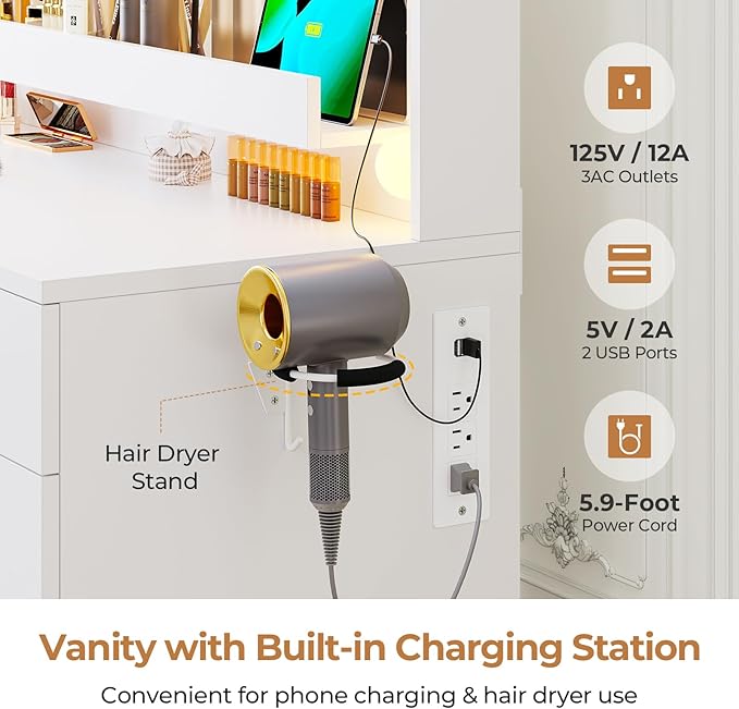 Hasuit Makeup Vanity Desk with Large Lighted Mirror and 9 Drawers, Large Vanity Desk with Storage Rack, Hook, Crystal Handle, White Bedroom Dressing Table Set with Charging Station, Lights Adjustable