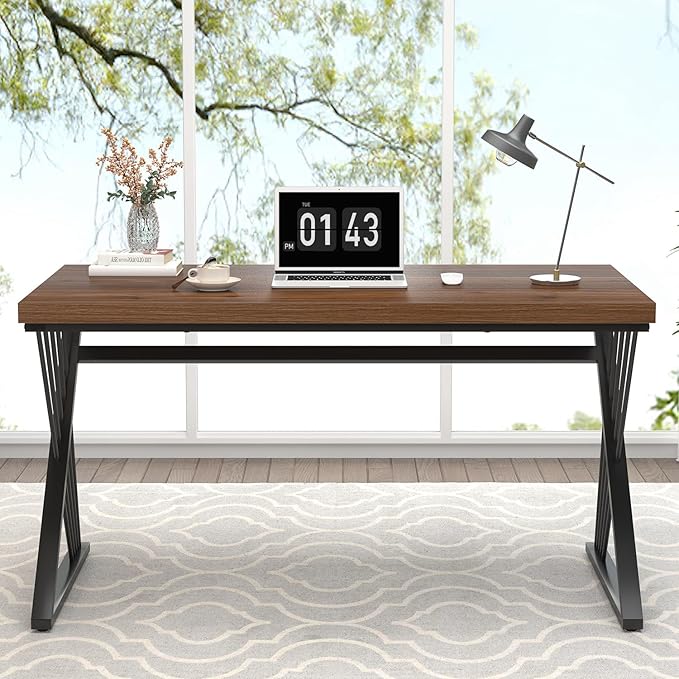 FOLUBAN Computer Desk for Home Office Workstation, Modern Writing Study Work Table, PC Gaming Table for Bedroom Living Room, Rustic Walnut, 53 Inch