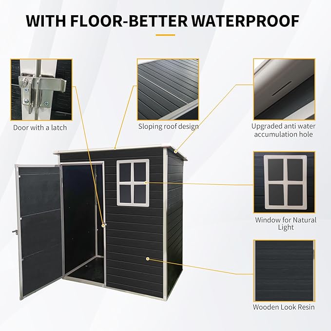 5x3 FT Outdoor Storage Resin Shed with Floor, Waterproof Plastic Garden Tool Shed with Windows, Vents & Lockable Door and Sloped Roof, Easy to Assemble Bike Shed for Patio, Backyard, Lawn, Black