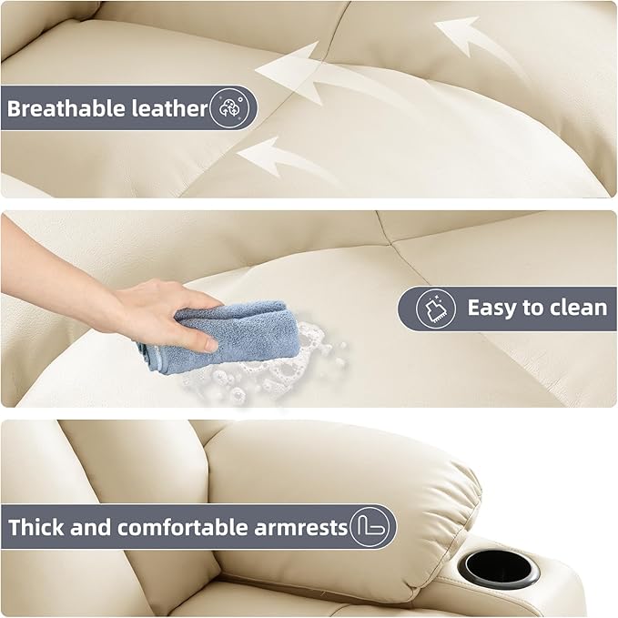 Power Lift Recliner Chair for Elderly, Electric Recliner Chairs for Adults with Massage and Heat, Cup Holders, Remote Control, USB Ports, Side Pockets, Leather (Cream)