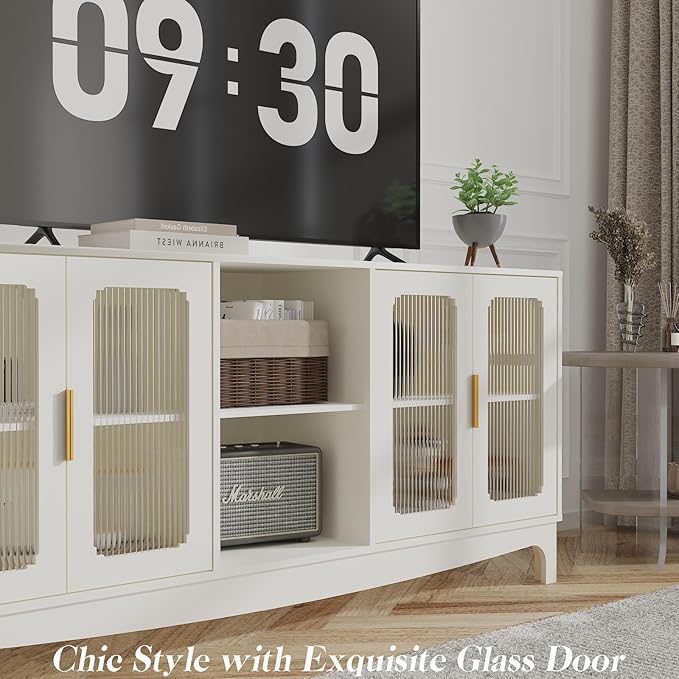 65 Inch White TV Stand for TVs up to 70+ inch, Mid Century Modern Glass Door TV Console Table, Entertainment Center with Storage Cabinet, Wood Media Console for Bedroom, Living Room (White)