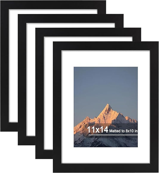11x14 Picture Frame Set of 4, High Definition Real Glass, Display Pictures 8x10 with Mat or 11x14 Without Mat, Gallery Wall Hanging Photo Frames, Black