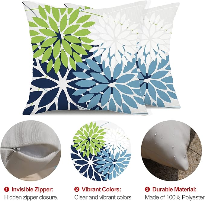 DFXSZ Outdoor Throw Pillow Covers 18x18 Inch Set of 2 Waterproof Spring Summer Geometric Elegant Blue Green Outdoor Pillow Covers for Patio Funiture Garden Couch 158Y18