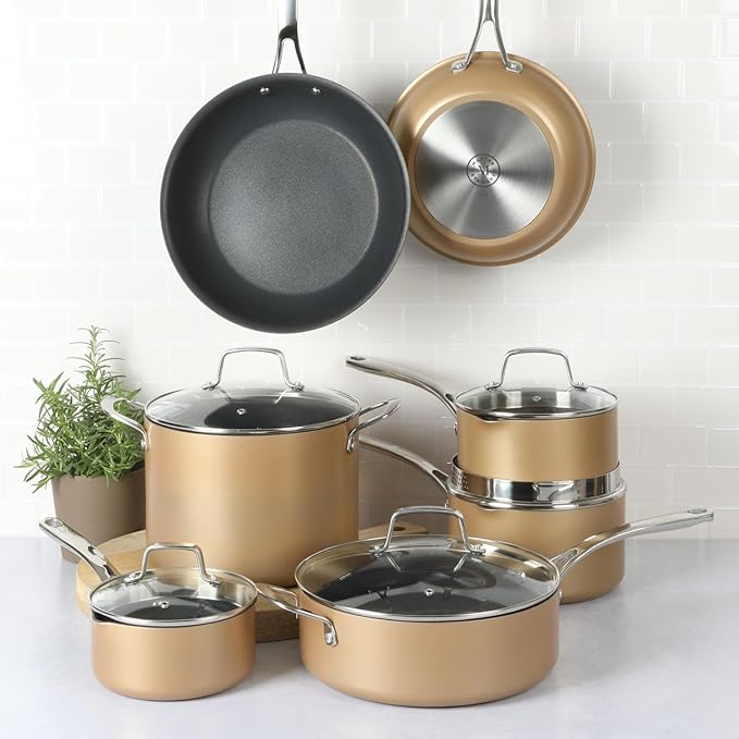 Martha Stewart 12 Piece Heavy Gauge Aluminum Hard Anodized Premium Nonstick Cookware Set, Induction Safe, Copper w/Black Interior