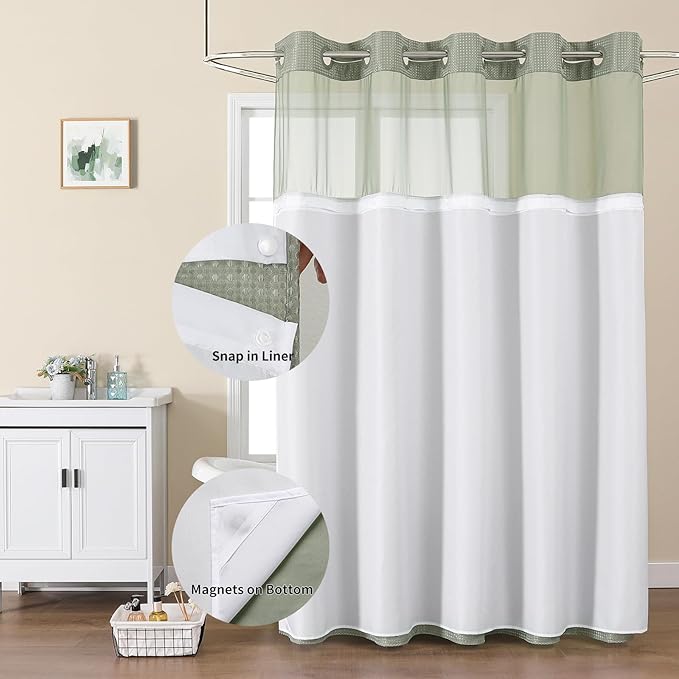 Colorful Star Small Stall Waffle Weave Shower Curtains, 256GSM Heavy Duty Shower Curtain with Snap in Fabric Liner, Hotel Style No Hook Waterproof Bathroom Curtain Set, 36 x 75 Inch, Sage Green