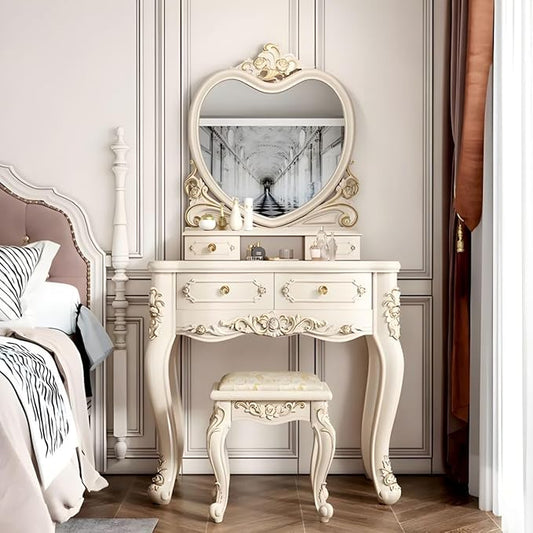 CraftThink Modern Makeup Vanity Set, Bedroom Makeup Vanity Desk Wood Vanity Dressing Table for Bedroom, Makeup Vanity & Mirror & Stools Hearts 31" L x 19" W x 64" H